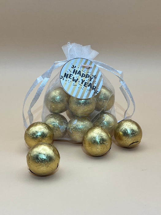 New Years Organza Bag Chocolate Balls Gold and White Stripe Theme